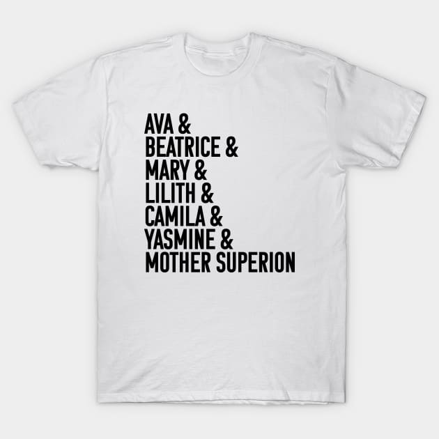 Character names (v3 black text) - Warrior Nun T-Shirt by Queerdelion